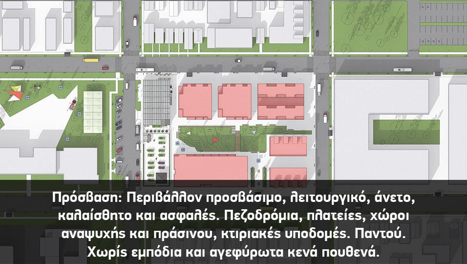 Πρόσβαση: Περιβάλλον προσβάσιμο, λειτουργικό, άνετο, καλαίσθητο και ασφαλές. Πεζοδρόμια, πλατείες, χώροι αναψυχής και πράσινου, κτιριακές υποδομές. Παντού. Χωρίς εμπόδια και αγεφύρωτα κενά πουθενά.
